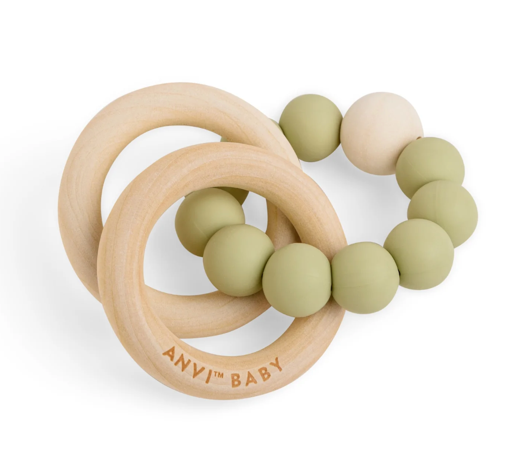 Anvi Baby - Wooden Teether (Olive) - best teething toys uk - teething ring