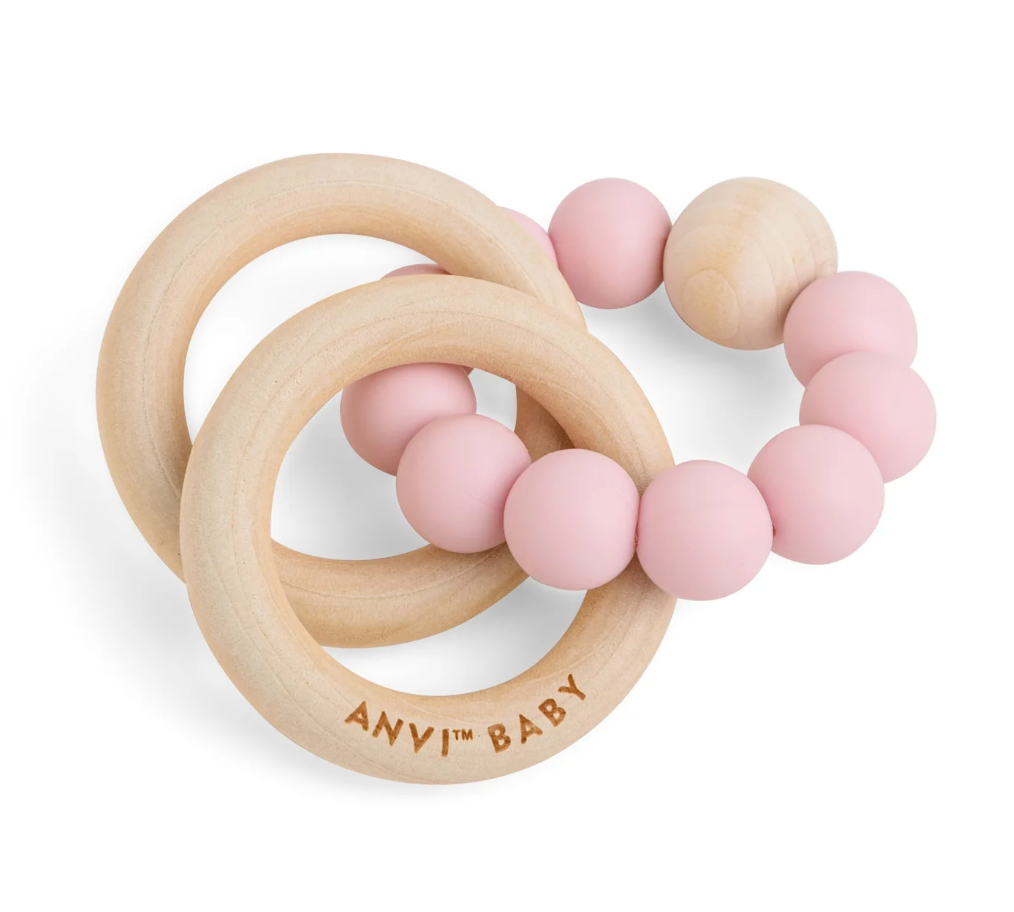 Anvi Baby - Wooden Teether (Pink) - best teething toy U.K. - teether ring