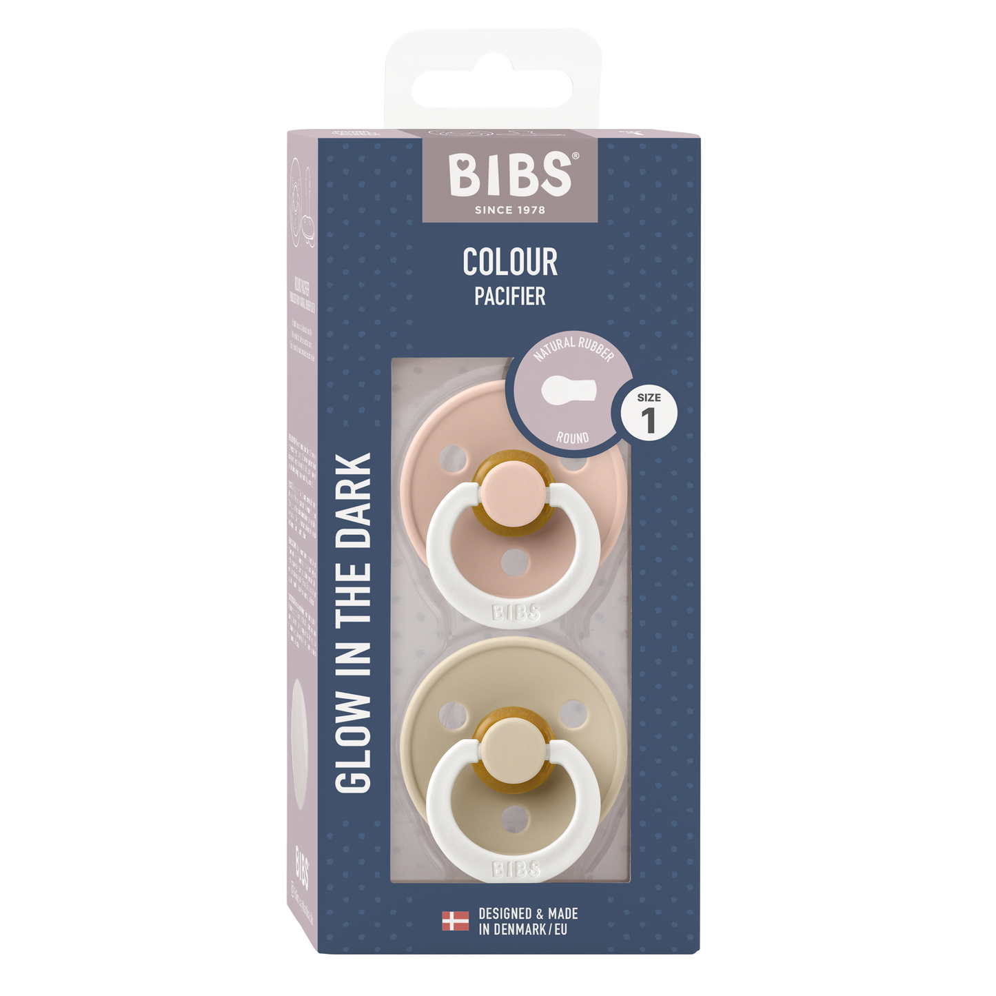 BIBS Glow in the dark dummy - blush and vanilla packaging - bib dummies