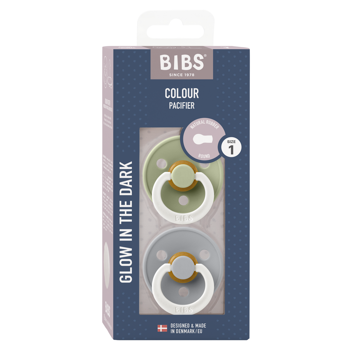 BIBS glow in the dark dummy - sage and cloud packaging - bib dummy - bib soother