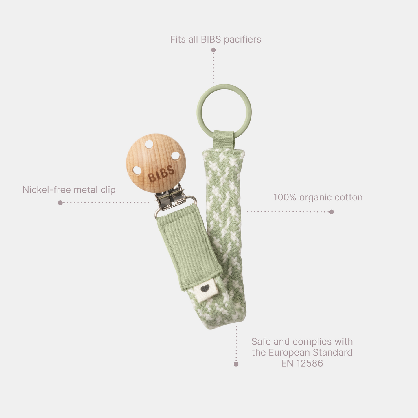 BIBS dummy clip - braided ivory & sage - benefits