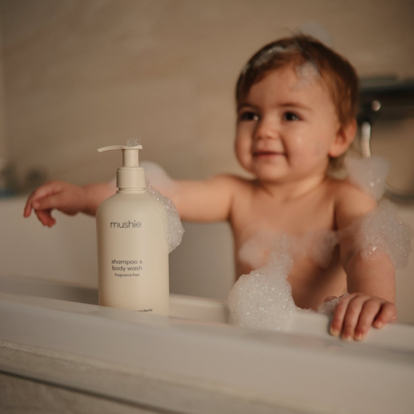 Mushie - Baby Skincare - Shampoo & Body Wash - baby in bath - baby friendly