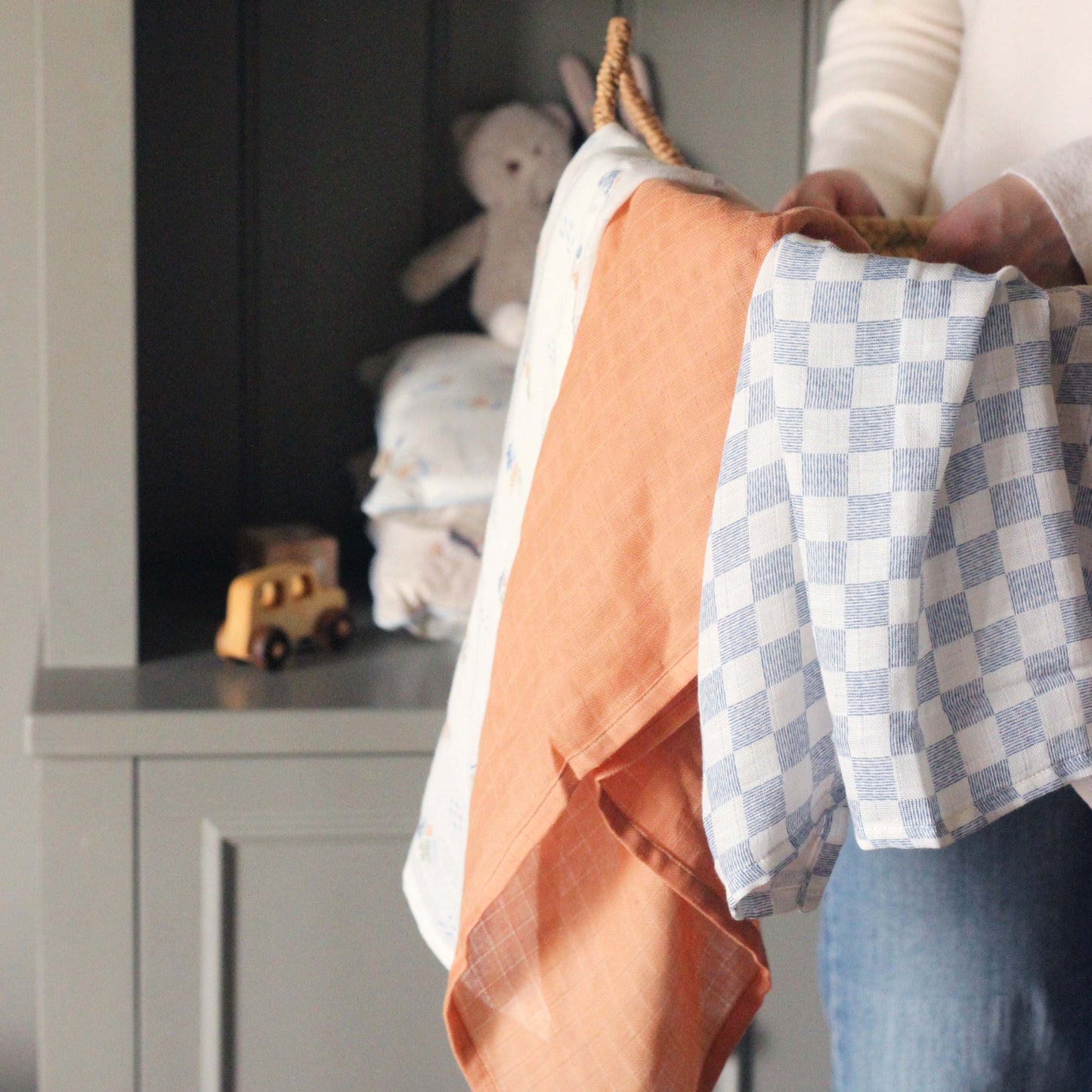 Avery Row - Muslin Squares (Coastline) - in basket - large muslin cloths