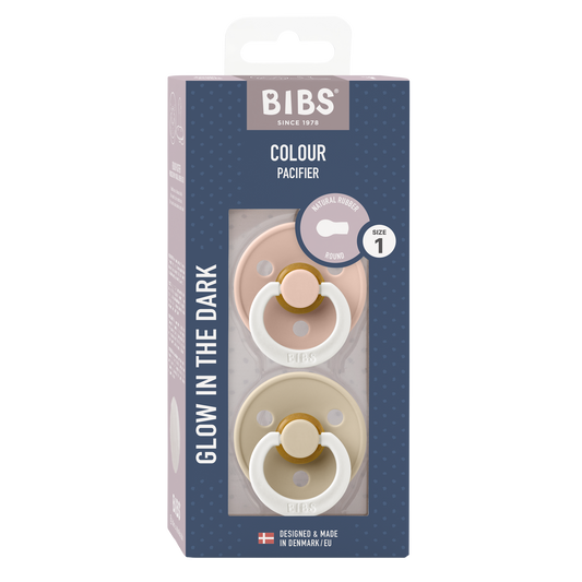 BIBS Glow in the dark dummy - blush and vanilla packaging - bib dummies