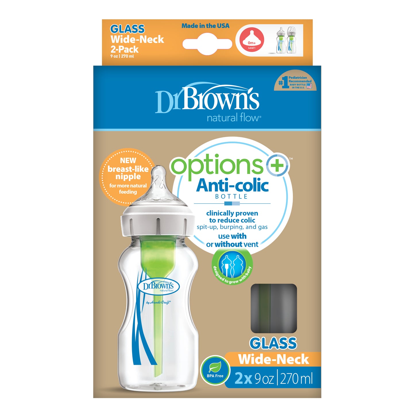 Dr Browns - Baby Glass Bottle Options+ Wide Neck (270ml) x2 packaging