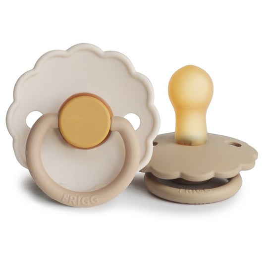 FRIGG Dummies - Daisy Chamomile & Croissant - front and side together - frigg dummy - baby dummies