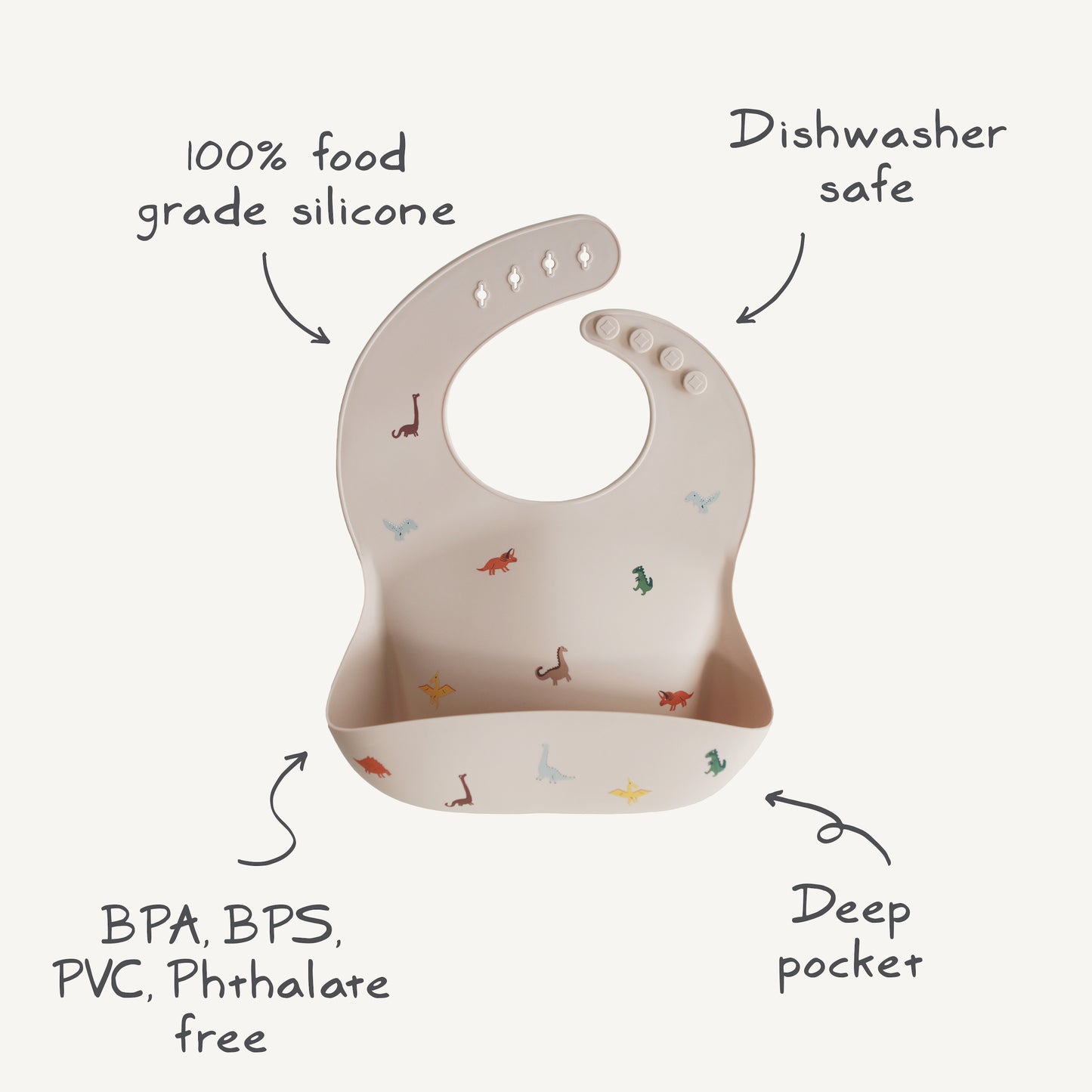 Mushi - Baby Silicone Bib - Dinosaurs - benefits