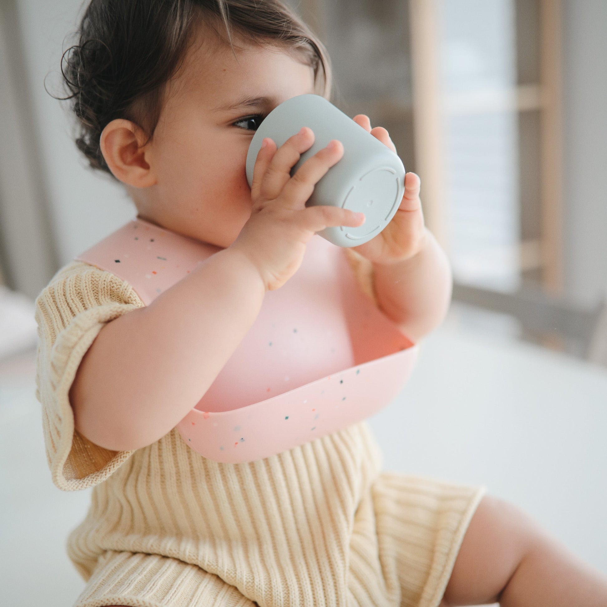 Mushie - Baby Silicone Bib - Pink Confetti - cute girl weaning and sippy cup 